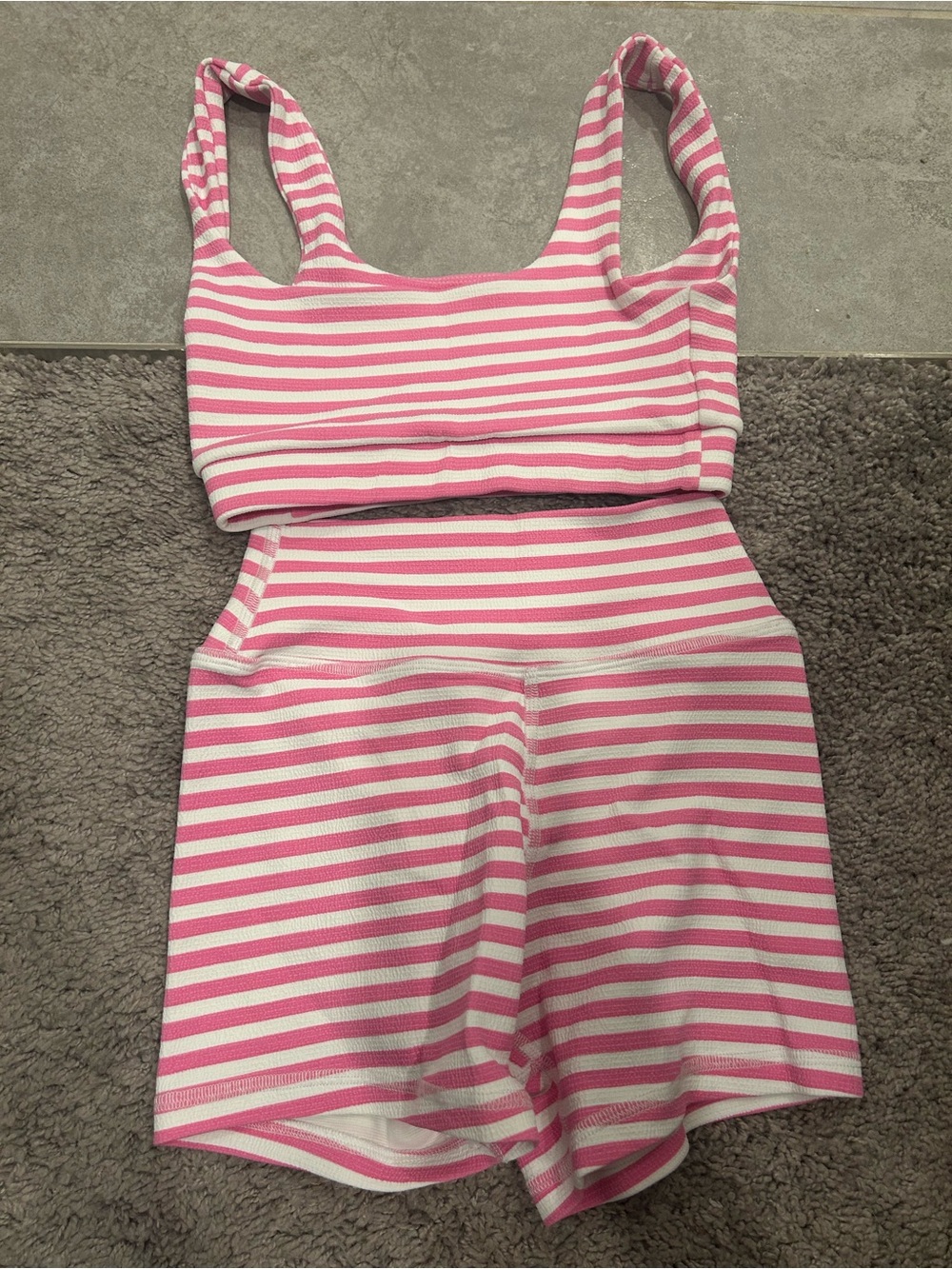 Striped Pink and White High-Waist Women’s Shorts and Tank Workout Set